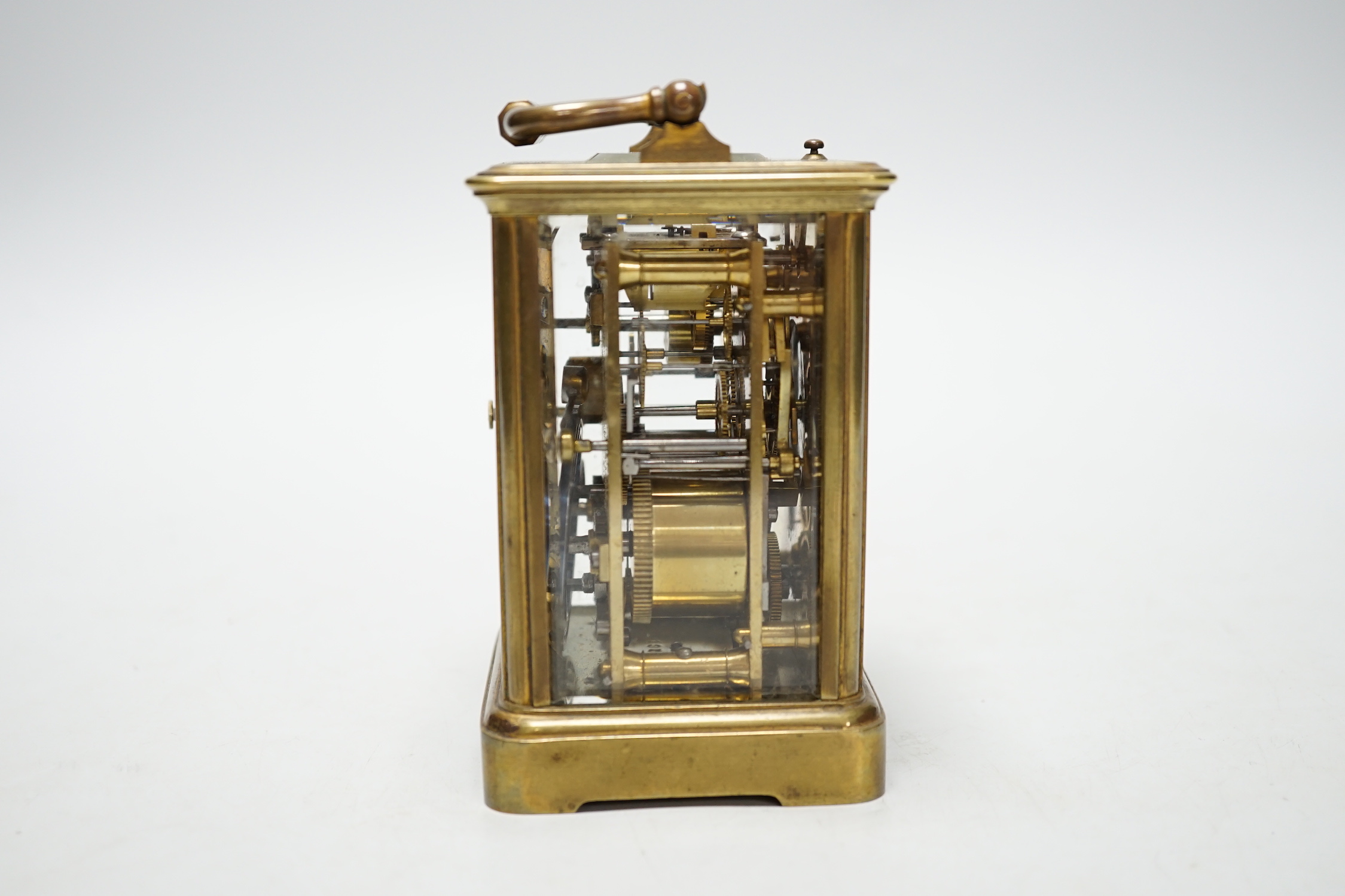 A French brass repeating carriage clock with alarm dial, 13cm